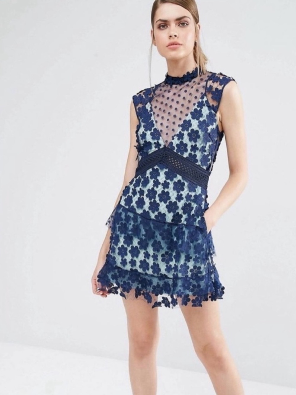 Self-Portrait Floral Appliqué Mesh Inset Mini Dress Blue & Mint Green US 4 Small